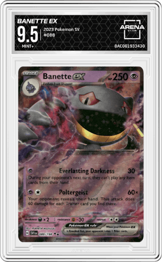 Banette EX from the 2023 Pokemon SV set graded by Arena Club and given an overall grade of 9.5.