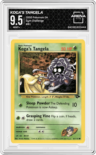 Koga's Tangela from the 2000 Pokemon GH set graded by Arena Club and given an overall grade of 9.5.