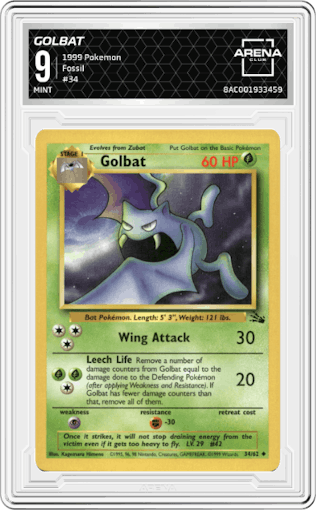 Golbat from the 1999 Pokemon set graded by Arena Club and given an overall grade of 9.