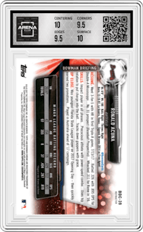Ronald Acuna from the 2017 Bowman Draft set featuring a Refractor parallel graded by Arena Club and given an overall grade of 10.