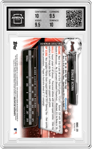 Ronald Acuna from the 2017 Bowman Draft set featuring a Refractor parallel graded by Arena Club and given an overall grade of 10.