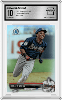 Ronald Acuna from the 2017 Bowman Draft set featuring a Refractor parallel graded by Arena Club and given an overall grade of 10.