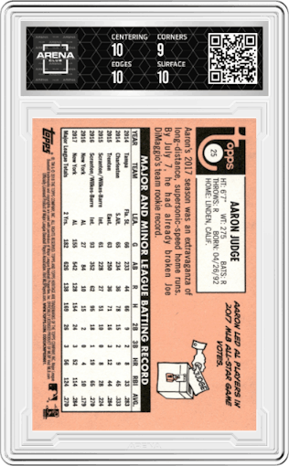 Aaron Judge from the 2018 Topps Heritage set featuring a Action parallel graded by Arena Club and given an overall grade of 9.5.
