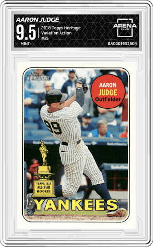 Aaron Judge from the 2018 Topps Heritage set featuring a Action parallel graded by Arena Club and given an overall grade of 9.5.