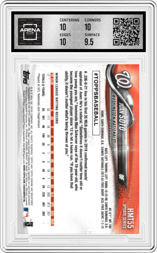 Juan Soto from the 2018 Topps Chrome Update Series set graded by Arena Club and given an overall grade of 10.