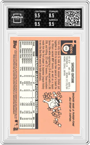 Shohei Ohtani from the 2018 Topps Heritage High Number set graded by Arena Club and given an overall grade of 9.