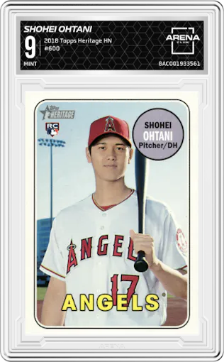 Shohei Ohtani from the 2018 Topps Heritage High Number set graded by Arena Club and given an overall grade of 9.
