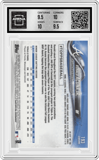 Ronald Acuna Jr. from the 2018 Topps Chrome set graded by Arena Club and given an overall grade of 10.