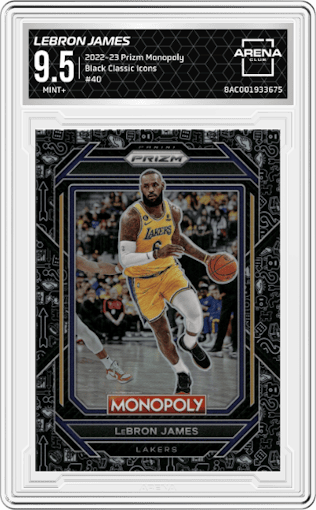 LeBron James from the 2022-23 Panini Prizm Monopoly set featuring a Black Classic Icons parallel graded by Arena Club and given an overall grade of 9.5.