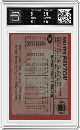 Walter Payton  from the 1983 Topps set graded by Arena Club and given an overall grade of 7.