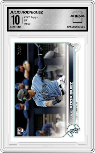 Julio Rodriguez from the 2022 Topps set graded by Arena Club and given an overall grade of 10.