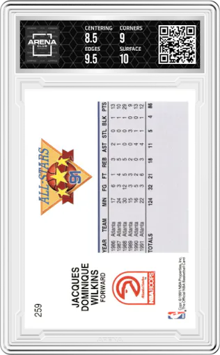 Dominique Wilkins from the 1991-92 NBA Hoops set graded by Arena Club and given an overall grade of 9.