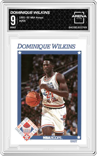 Dominique Wilkins from the 1991-92 NBA Hoops set graded by Arena Club and given an overall grade of 9.