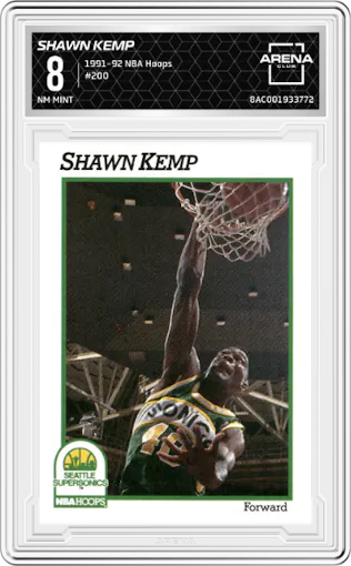 Shawn Kemp from the 1991-92 NBA Hoops set graded by Arena Club and given an overall grade of 8.