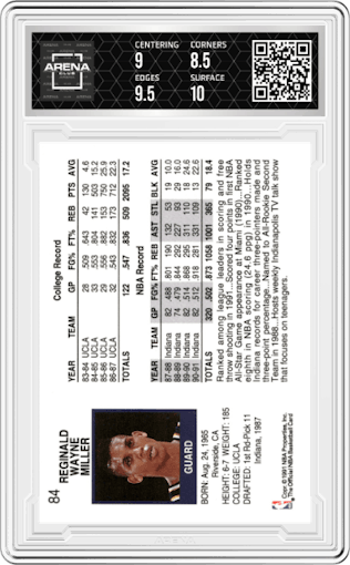 Reggie Miller from the 1991-92 NBA Hoops set graded by Arena Club and given an overall grade of 9.