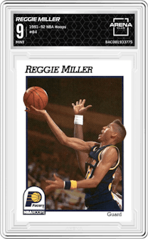 Reggie Miller from the 1991-92 NBA Hoops set graded by Arena Club and given an overall grade of 9.