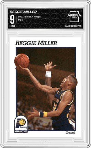 Reggie Miller from the 1991-92 NBA Hoops set graded by Arena Club and given an overall grade of 9.