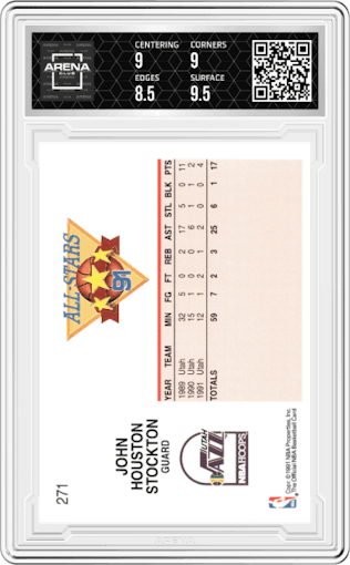 John Stockton from the 1991-92 NBA Hoops set graded by Arena Club and given an overall grade of 9.