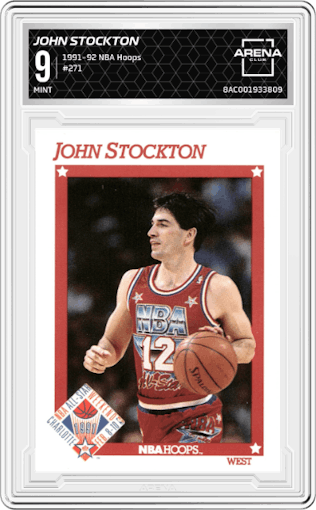 John Stockton from the 1991-92 NBA Hoops set graded by Arena Club and given an overall grade of 9.