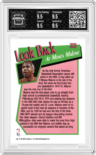 Moses Malone from the 1991-92 NBA Hoops set graded by Arena Club and given an overall grade of 9.5.