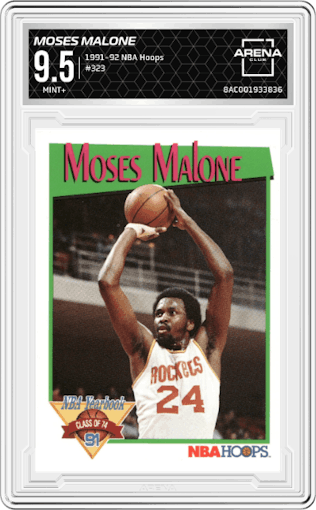 Moses Malone from the 1991-92 NBA Hoops set graded by Arena Club and given an overall grade of 9.5.