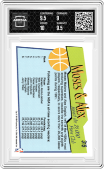 Moses Malone/Alex English from the 1991-92 NBA Hoops set graded by Arena Club and given an overall grade of 9.5.