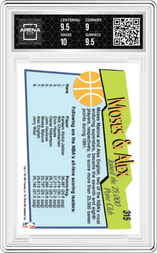 Moses Malone/Alex English from the 1991-92 NBA Hoops set graded by Arena Club and given an overall grade of 9.5.