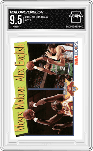 Moses Malone/Alex English from the 1991-92 NBA Hoops set graded by Arena Club and given an overall grade of 9.5.