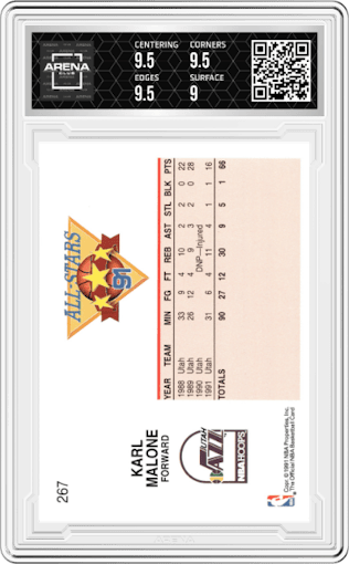 Karl Malone from the 1991-92 NBA Hoops set graded by Arena Club and given an overall grade of 9.5.