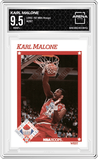Karl Malone from the 1991-92 NBA Hoops set graded by Arena Club and given an overall grade of 9.5.