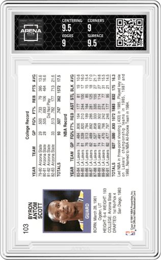 Byron Scott from the 1991-92 NBA Hoops set graded by Arena Club and given an overall grade of 9.5.