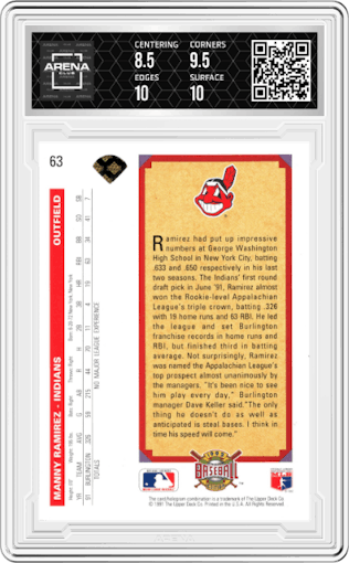 Manny Ramirez from the 1992 Upper Deck set graded by Arena Club and given an overall grade of 9.
