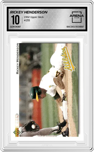 Rickey Henderson from the 1992 Upper Deck set graded by Arena Club and given an overall grade of 10.