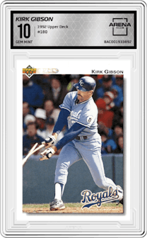 Kirk Gibson from the 1992 Upper Deck set graded by Arena Club and given an overall grade of 10.