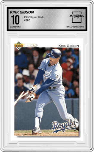 Kirk Gibson from the 1992 Upper Deck set graded by Arena Club and given an overall grade of 10.