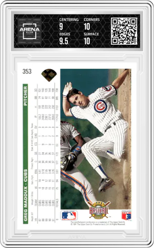 Greg Maddux from the 1992 Upper Deck set graded by Arena Club and given an overall grade of 9.5.