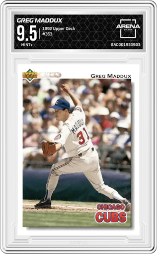 Greg Maddux from the 1992 Upper Deck set graded by Arena Club and given an overall grade of 9.5.