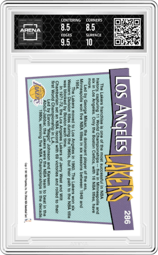 Los Angeles Lakers from the 1991-92 NBA Hoops set graded by Arena Club and given an overall grade of 9.