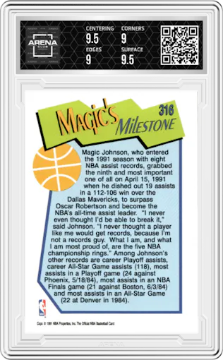 Magic Johnson from the 1991-92 NBA Hoops set graded by Arena Club and given an overall grade of 9.5.