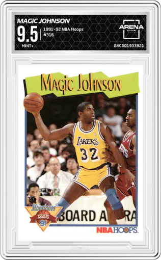 Magic Johnson from the 1991-92 NBA Hoops set graded by Arena Club and given an overall grade of 9.5.