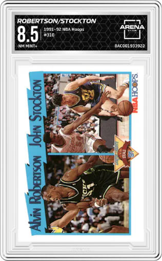 Alvin Robertson/John Stockton from the 1991-92 NBA Hoops set graded by Arena Club and given an overall grade of 8.5.