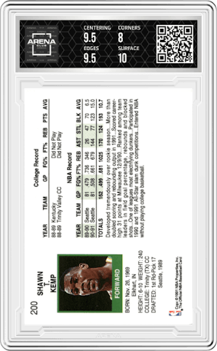 Shawn Kemp from the 1991-92 NBA Hoops set graded by Arena Club and given an overall grade of 8.5.