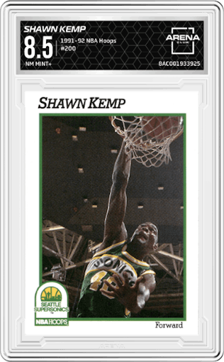 Shawn Kemp from the 1991-92 NBA Hoops set graded by Arena Club and given an overall grade of 8.5.