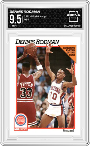 Dennis Rodman from the 1991-92 NBA Hoops set graded by Arena Club and given an overall grade of 9.5.