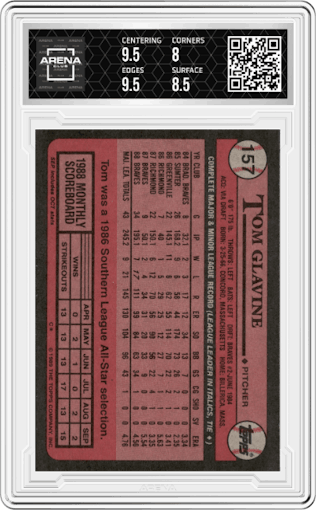 Tom Glavine from the 1989 Topps set graded by Arena Club and given an overall grade of 8.5.