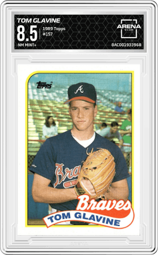 Tom Glavine from the 1989 Topps set graded by Arena Club and given an overall grade of 8.5.