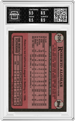 Roberto Alomar from the 1989 Topps set graded by Arena Club and given an overall grade of 9.