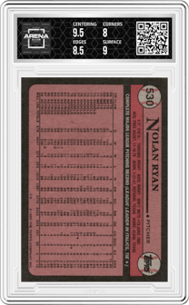 Nolan Ryan from the 1989 Topps set graded by Arena Club and given an overall grade of 8.5.