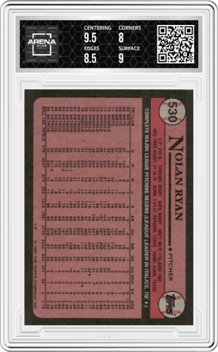 Nolan Ryan from the 1989 Topps set graded by Arena Club and given an overall grade of 8.5.