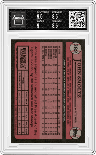 John Smoltz from the 1989 Topps set graded by Arena Club and given an overall grade of 9.